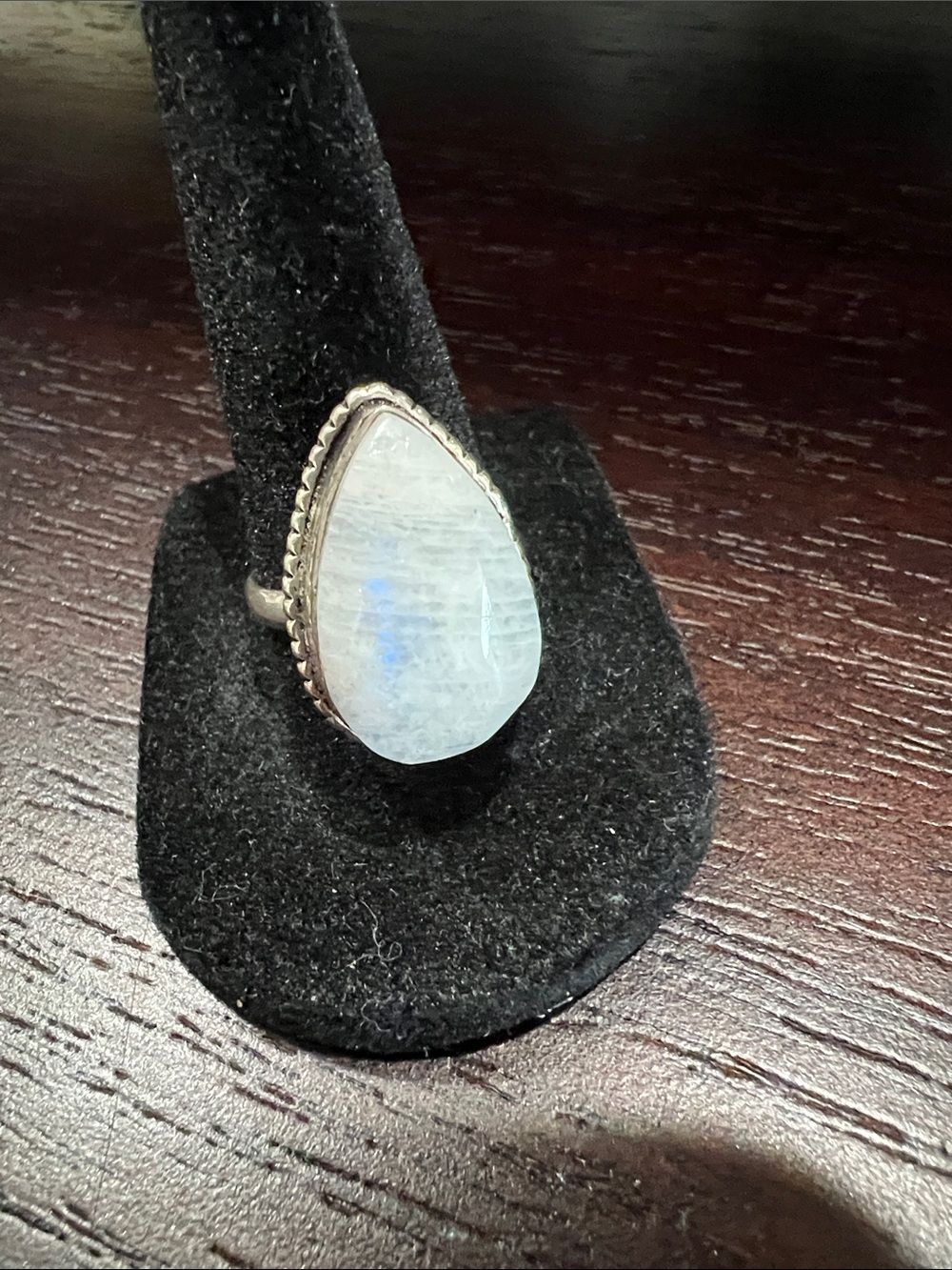 Teardrop Moonstone Ring in White with Blue Flash